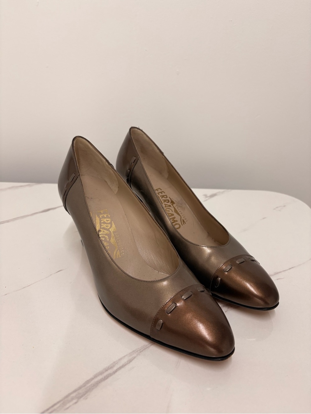 Salvatore Ferragamo Metallic Bronze Pointed-Toe Pumps
